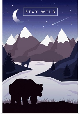 Stay Wild - Bear & Mountain Silhouette - Night Sky -  Purple