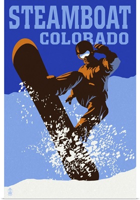 Steamboat, Colorado - Colorblocked Snowboarder: Retro Travel Poster