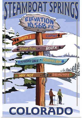 Steamboat Springs, Colorado - Ski Run Signpost: Retro Travel Poster