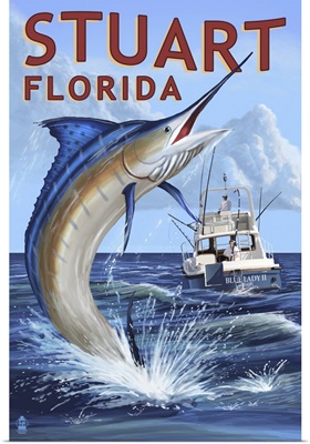 Stuart, Florida - Marlin Fishing Scene: Retro Travel Poster