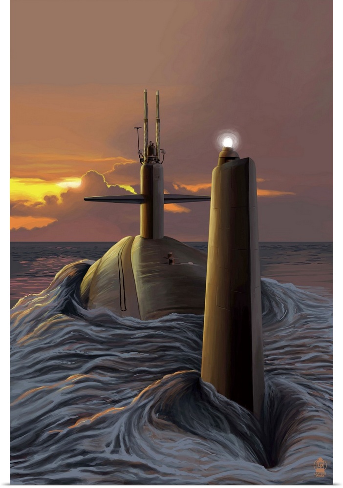 Retro stylized art poster of a submarine at the surface of the ocean, with the sun setting in the background.