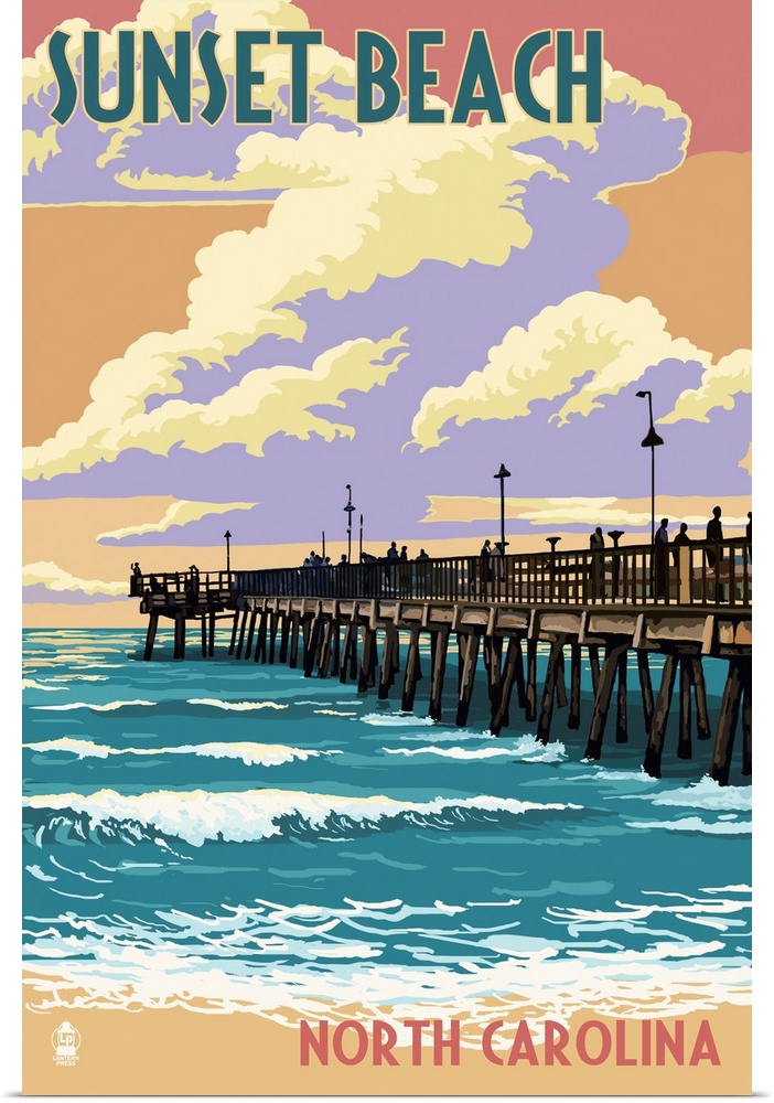 Sunset Beach - Calabash, North Carolina - Pier Scene: Retro Travel Poster