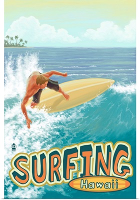 Surfing Hawaii: Retro Travel Poster