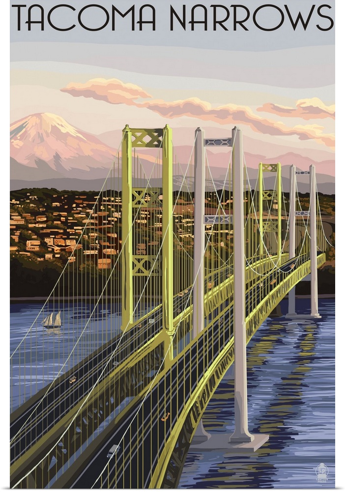 Tacoma, Washington - Narrows Bridge and Rainier: Retro Travel Poster