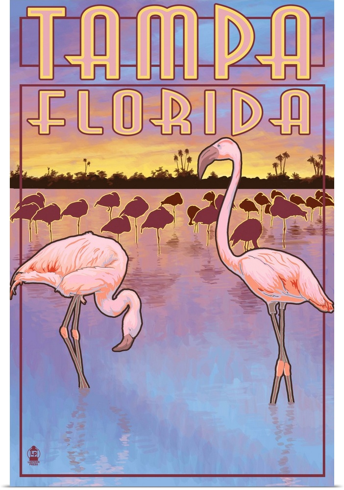 Retro stylized art poster of flamingos standing in water.