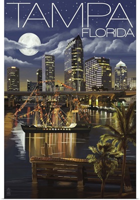 Tampa, Florida - Skyline at Night: Retro Travel Poster