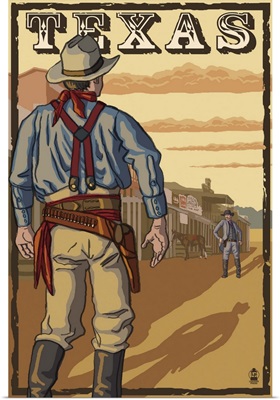 Texas Cowboy Standoff: Retro Travel Poster