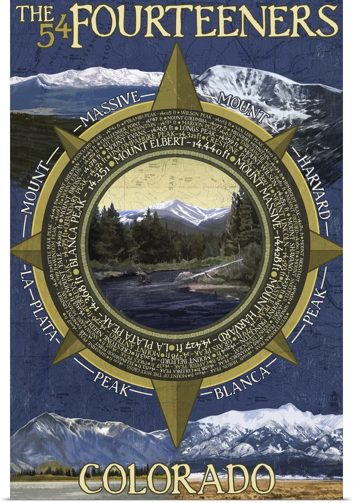Retro stylized art poster of a compass with a wilderness mountain scene in it.