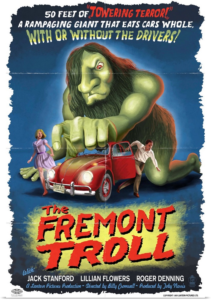 Retro stylized art poster of vintage movie poster of a troll grabbing a car, and its passengers running from it.