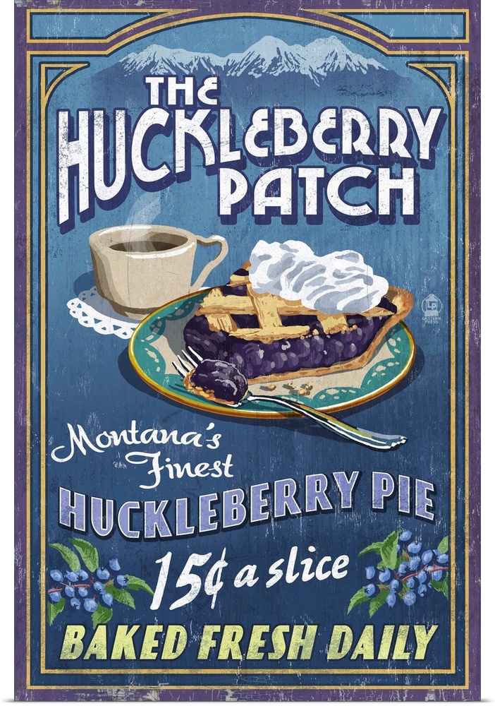 Retro stylized art poster of a vintage sign advertising a slice of huckleberry pie and cup of coffee.