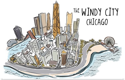 The Windy City - Chicago, Illinois - Line Drawing