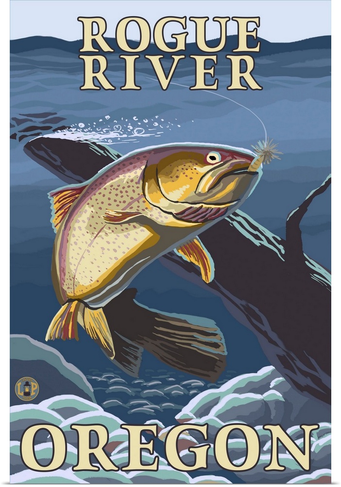 Trout Fishing Cross-Section - Rogue River, Oregon: Retro Travel Poster