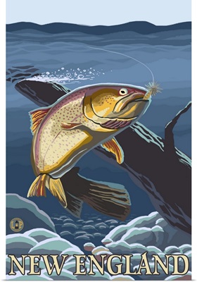 Trout in Stream - New England: Retro Travel Poster