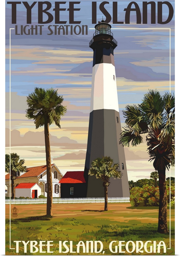 Retro stylized art poster of a lighthouse surrounded by palm trees.