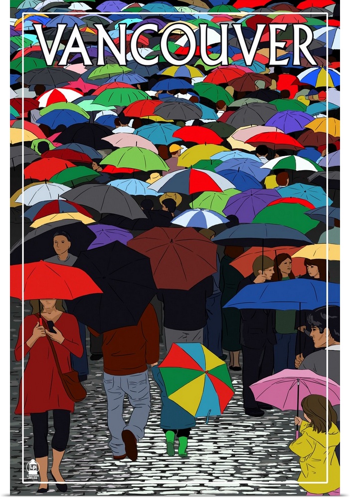 Retro stylized art poster of a large group of different colored umbrellas being held by people.