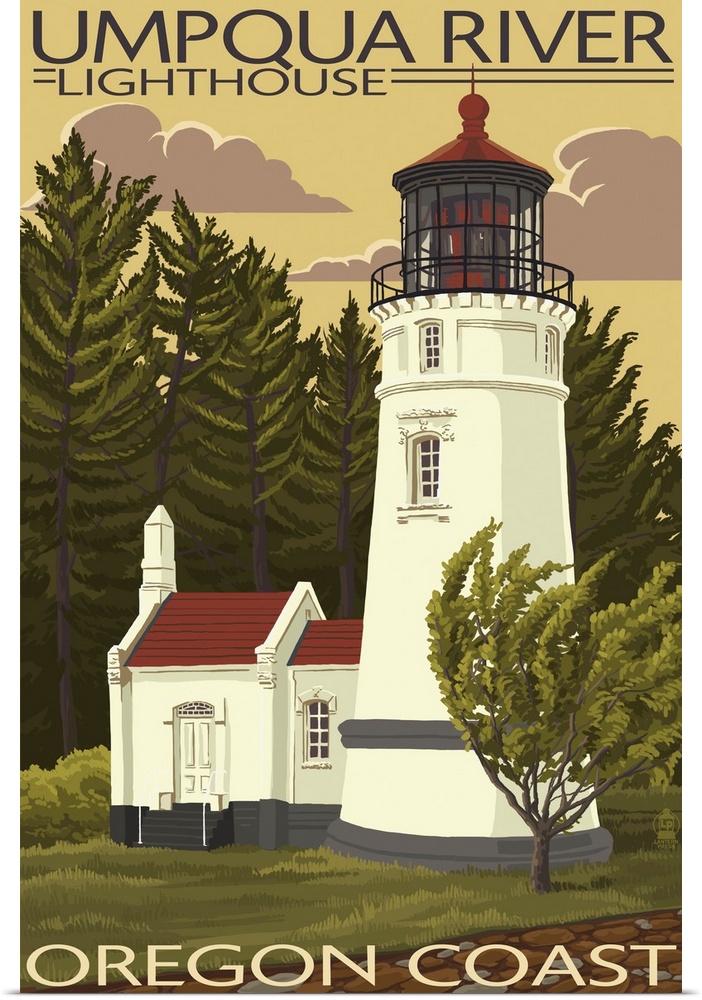 Umpqua River Lighthouse - Oregon: Retro Travel Poster