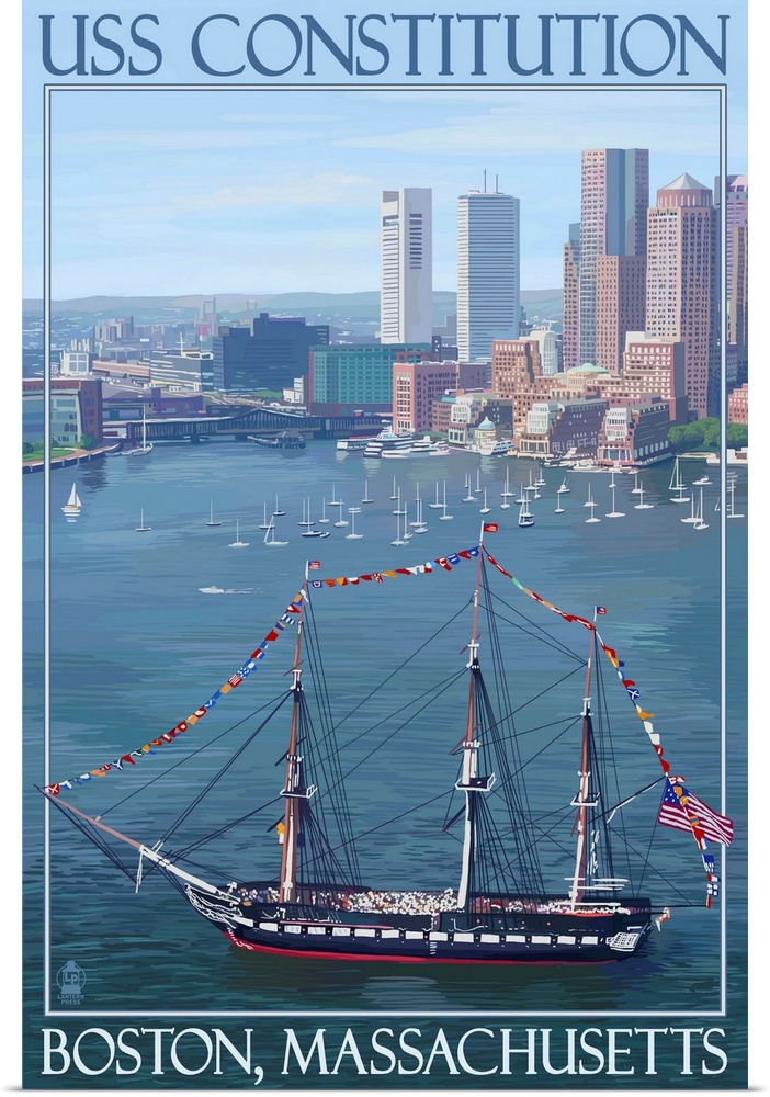 Retro stylized art poster of an aerial view of an old naval warship. With a city skyline in the background.