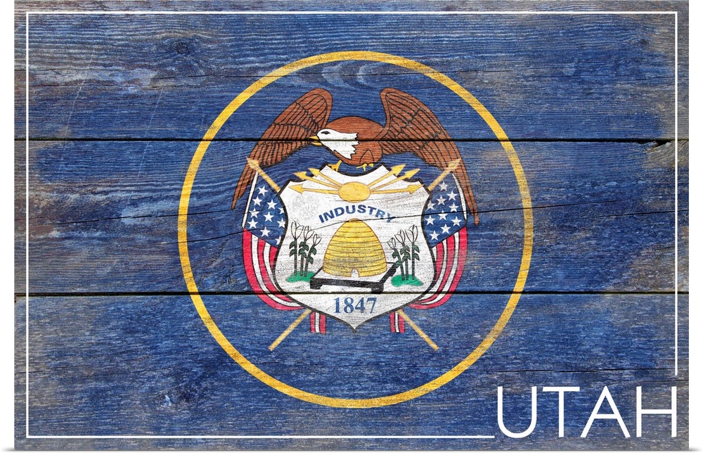 The flag of Utah with a weathered wooden board effect.