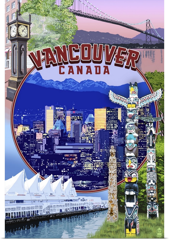Retro stylized art poster of a montage of images, with a city skyline in the center on the image. And totem poles in the f...