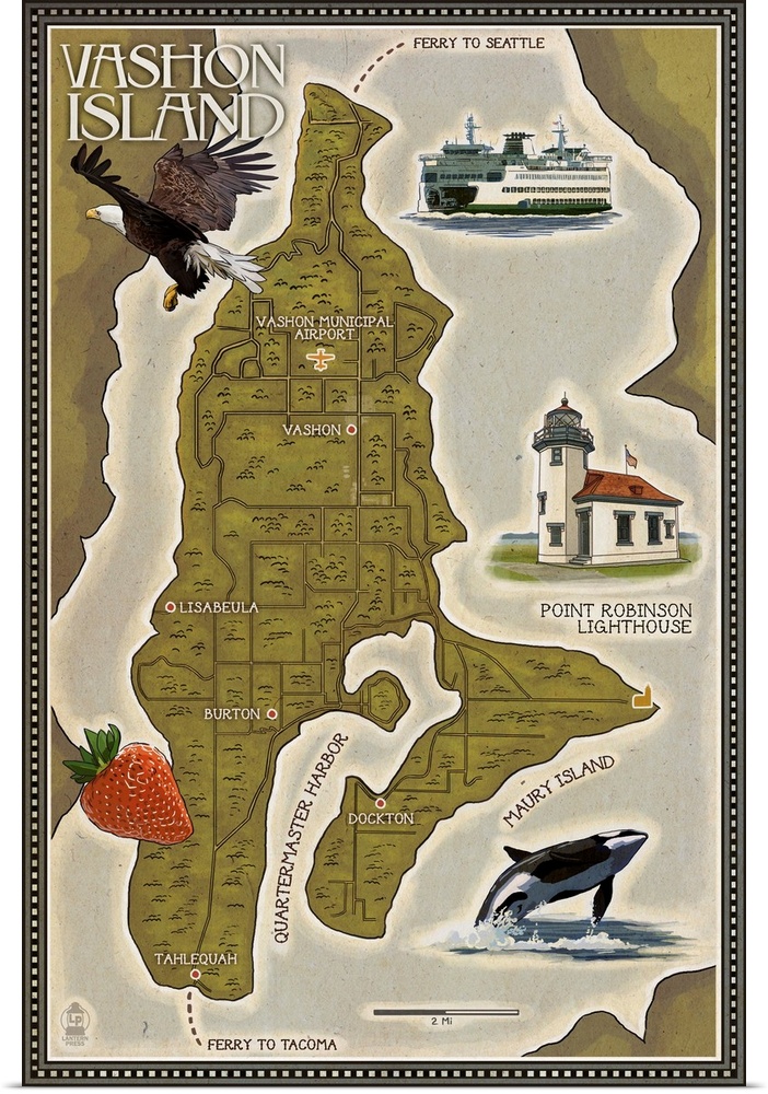 Stylized art poster showing scenes from the local area around a map of Vashon Island.