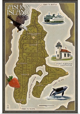 Vashon Island, Washington - Map: Retro Travel Poster