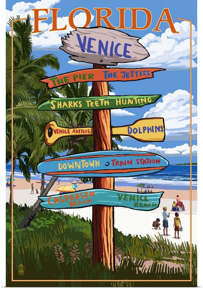 Venice, Florida - Sign Post: Retro Travel Poster