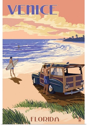 Venice, Florida - Woody On The Beach: Retro Travel Poster