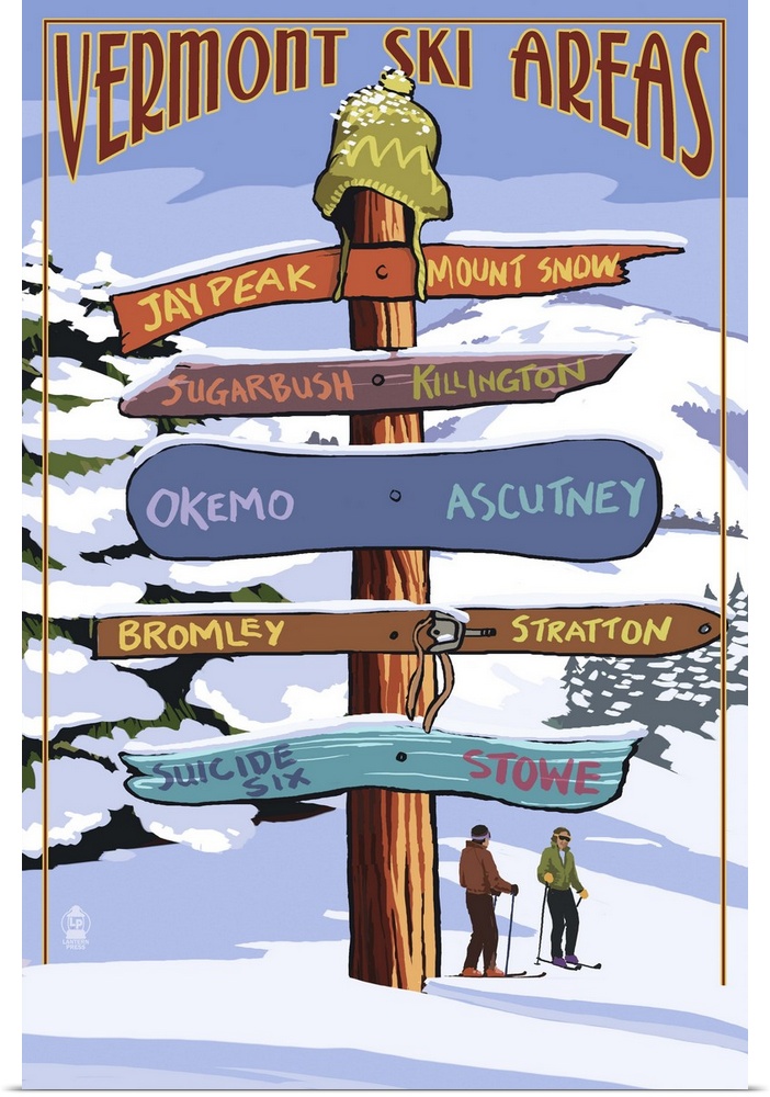 Retro stylized art poster of a sign post giving different directions.