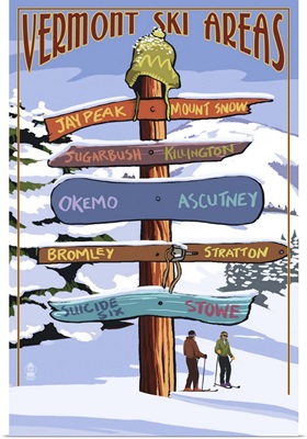 Vermont - Ski Areas Sign Destinations: Retro Travel Poster