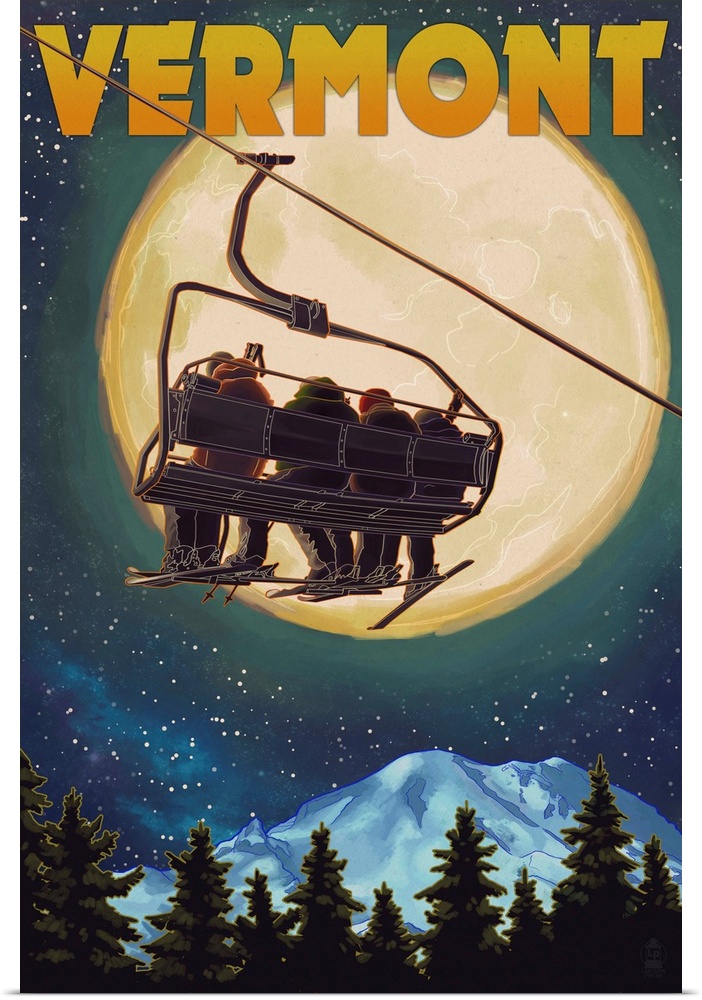 Vermont - Ski Lift and Full Moon: Retro Travel Poster