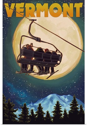 Vermont - Ski Lift and Full Moon: Retro Travel Poster