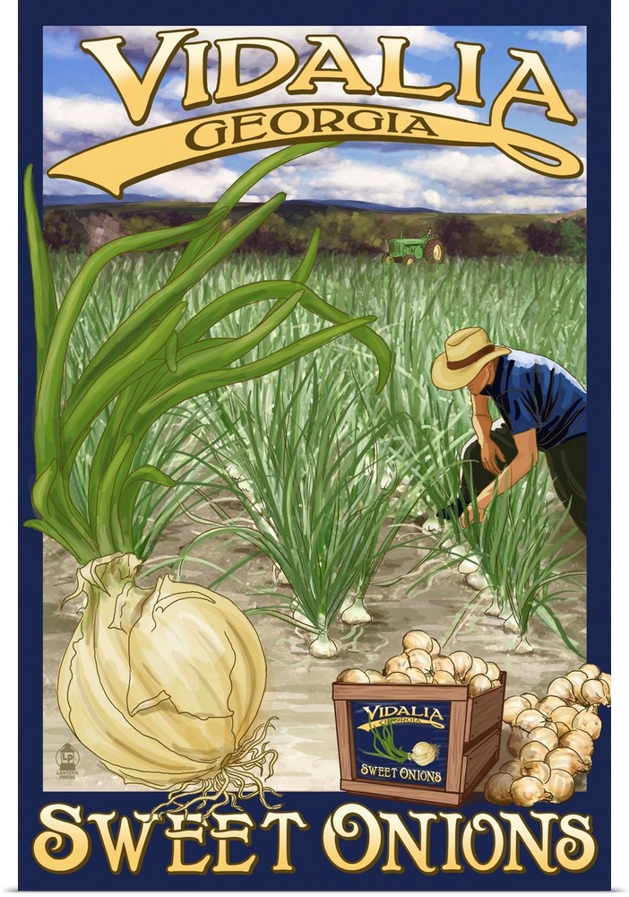 Retro stylized art poster of a farmer harvesting sweet onions from a landscape of crops.