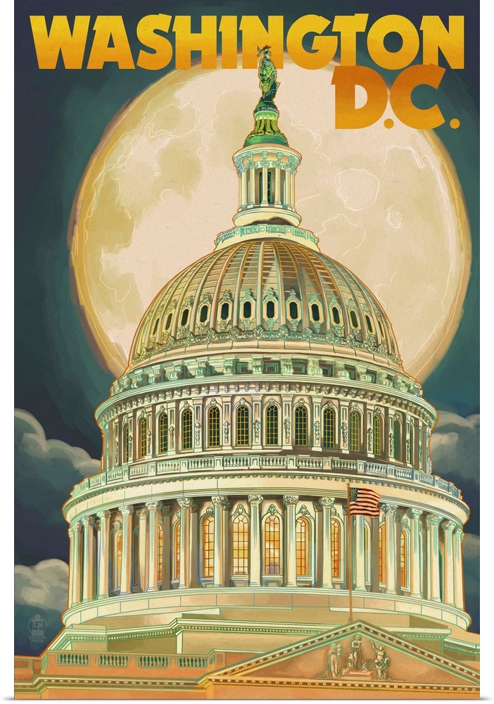 Washington, DC - Capitol Building and Moon: Retro Travel Poster