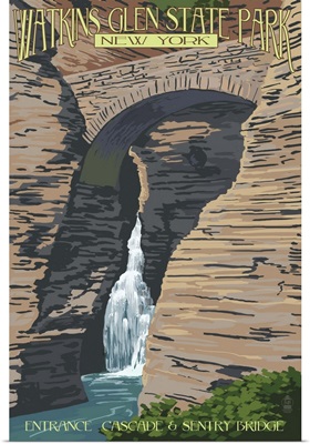 Watkins Glen State Park, NY: Entrance Cascade and Sentry Bridge: Retro Travel Poster