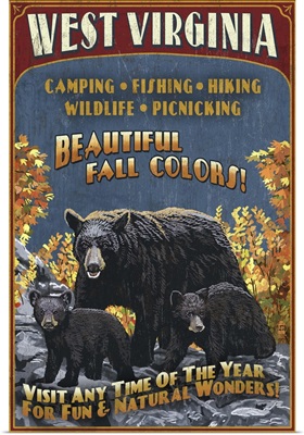 West Virginia - Black Bear Family Vintage Sign: Retro Travel Poster