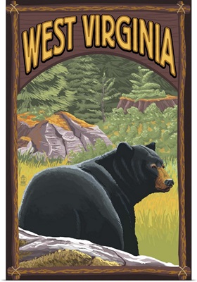 West Virginia - Black Bear in Forest: Retro Travel Poster