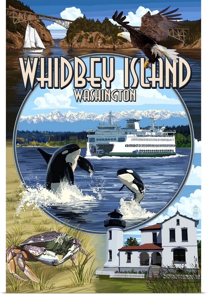 Retro stylized art poster of montage of sights including orca whales, crabs a lighthouse and and eagle in flight.