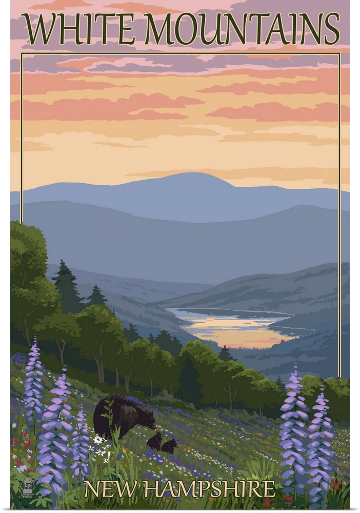 White Mountains, New Hampshire - Bears and Spring Flowers: Retro Travel Poster