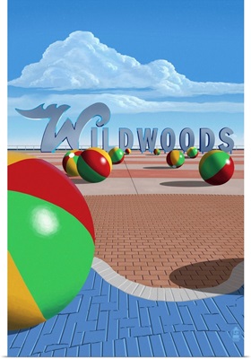 Wildwood, New Jersey - Beach Balls and Sign: Retro Travel Poster