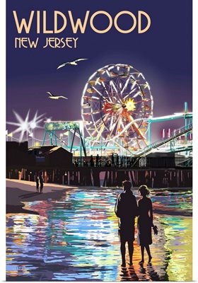 Wildwood, New Jersey - Pier and Rides at Night: Retro Travel Poster