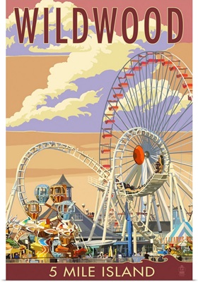 Wildwood, New Jersey - Pier and Sunset: Retro Travel Poster