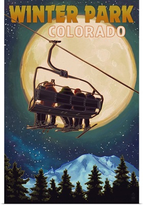 Winter Park, Colorado - Ski Lift and Full Moon: Retro Travel Poster