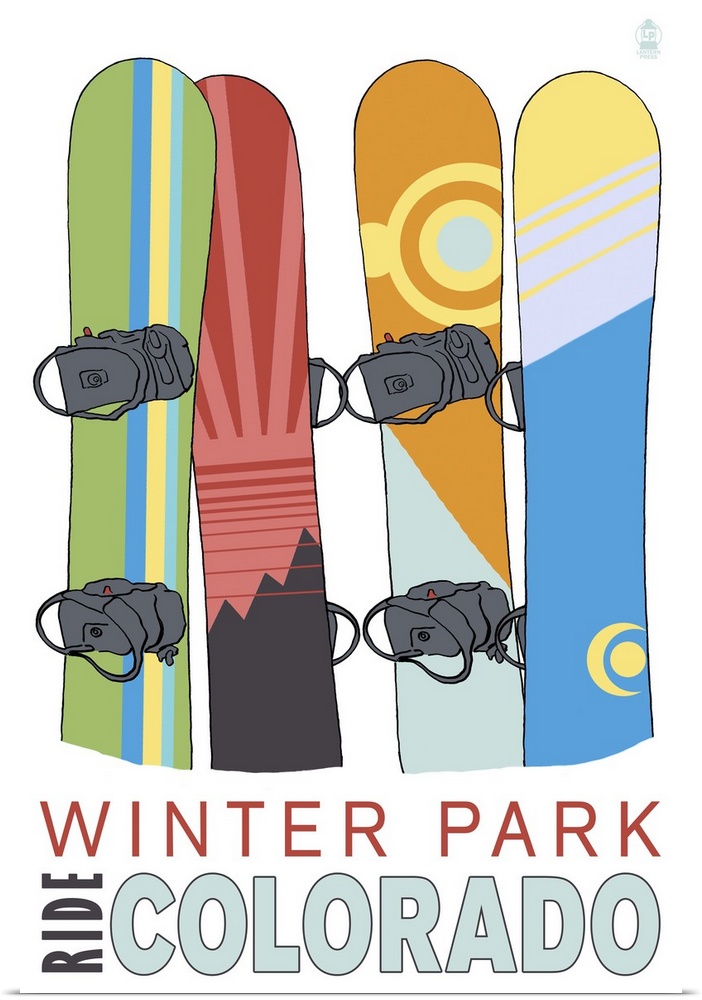 Retro stylized art poster of four snowboards standing upright against a white background.