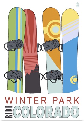 Winter Park, Colorado - Snowboards in Snow: Retro Travel Poster