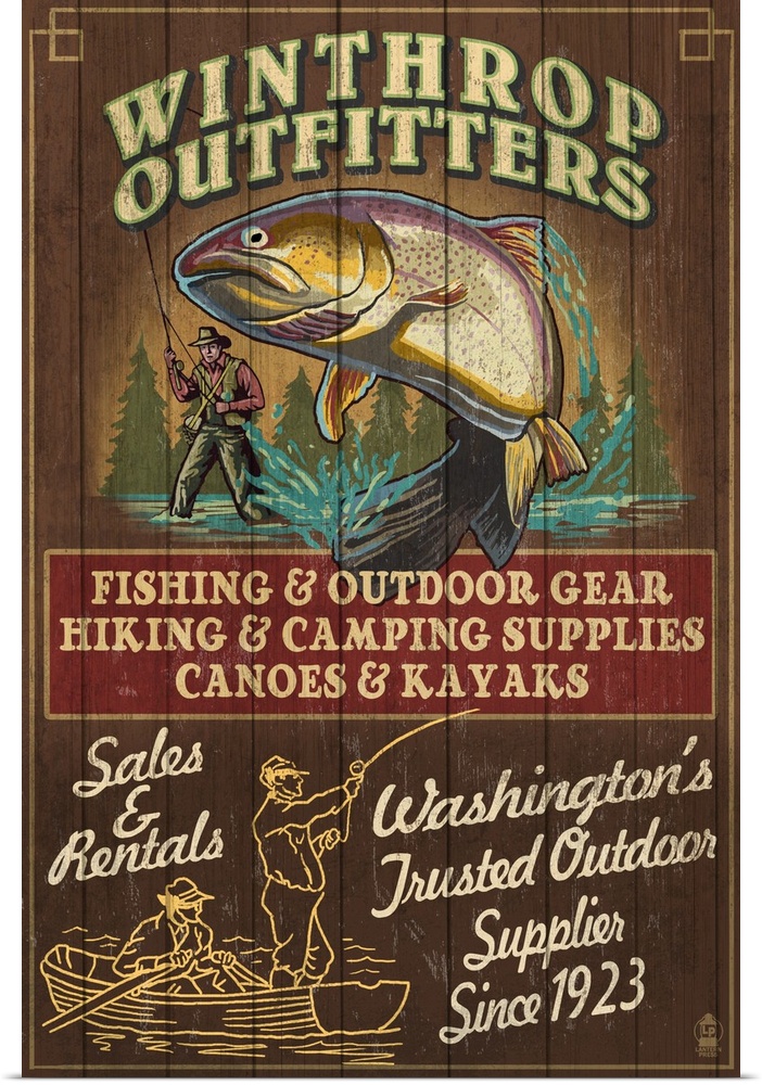 Retro stylized art poster of a vintage of fisherman catching a fish.