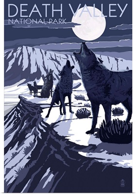 Wolves and Full Moon - Death Valley National Park: Retro Travel Poster