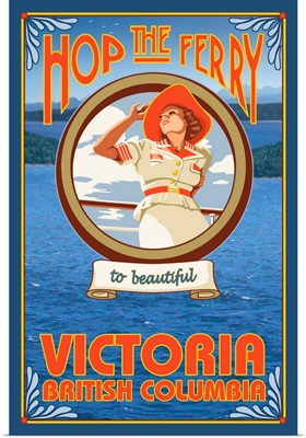 Woman Riding Ferry - Victoria, BC Canada: Retro Travel Poster