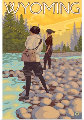 Women Fly Fishing - Wyoming: Retro Travel Poster