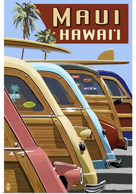 Woodies Lined Up - Maui, Hawaii: Retro Travel Poster