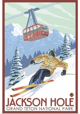 Wyoming - Jackson Hole Grand Teton Skiing: Retro Travel Poster